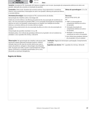Editável e fotocopiável © Texto | Novo 10 F 37
Data :
Sumário: Correção do TPC. Iluminação LED. Balanço energético num circuito. Associações de componentes elétricos em série e em
paralelo. Aplicação dos conceitos na resolução de questões.
Conteúdos: Efeito Joule. Geradores de corrente contínua: força eletromotriz e resistência
interna; curva característica. Associações em série e em paralelo: diferença de potencial elétrico
e corrente elétrica.
Metas de aprendizagem: 2.5 a 2.8
Atividades/Estratégias: Apresentação do TPC e esclarecimento de dúvidas.
Apresentação dos trabalhos sobre a tecnologia LED.
Análise da corrente elétrica e da diferença de potencial de uma associação de resistências em
série, e de uma associação em paralelo (PWP 1.2.6 ou simulação Associações de componentes
elétricos em série e em paralelo), comprovando-se as relações com medições de tensões
elétricas e correntes elétricas em circuitos elétricos simples.
Análise da força eletromotriz de uma associação de pilhas em série e de uma associação em
paralelo.
Interpretação das questões resolvidas 5 e 6, p. 86.
Atividade prática: Anm Cálculo das grandezas elétricas de um gerador e de um condutor (ou
atividade 1.2.6) e questões 49 e 50 da p. 103 do M.
Recursos:
M: pp. 87-90, 92-93, 103
AD:
ƒ PWP 1.2.6 Associações de
componentes elétricos em série e
em paralelo
ƒ Simulação Associações de
componentes elétricos em série e
em paralelo
ƒ Atividade 1.2.6 Associação de
resistências em série e em paralelo
ƒ Anm Cálculo das grandezas elétricas
de um gerador e de um condutor
Observações: Na apresentação dos trabalhos cada grupo pode
apresentar aspetos diferentes (evolução histórica; material
utilizado; tipos de LED, tipo de corrente elétrica que usam e
valores de potência; vantagens e desvantagens das lâmpadas
LED). Os grupos que estão a assistir à apresentação dos colegas
devem confrontar os resultados apresentados com os seus,
discutindo-se eventuais divergências.
Avaliação: Registo de intervenção e participação. Comportamento
e atitudes.
Sugestões aos alunos: TPC – questões 51 e 52 da p. 103 do M.
Registo de Notas
135 min
150 min
Aulas
n.o
54/55/56
 