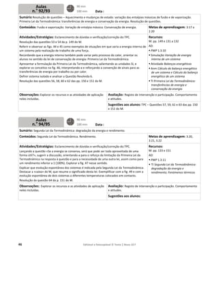 46
S
P
C
A
R
R
u
R
a
A
e
t
D
R
O
n
S
C
A
L
f
T
u
E
D
e
R
O
n
6
Plano
Sumário Resolu
Primeira Lei da T
Conteúdos: Fus
Atividades/Est
Resolução das qu
Referir e observa
um sistema pela
Recordando que
alunos no sentid
Apresentar a for
explorar os conc
ransferências de
Definir sistema is
Resolução das qu
Observações: E
neles incluídas.
Sumário: Segun
Conteúdos: Seg
Atividades/Est
Lançando a ques
orma útil?», sug
Termodinâmica n
um rendimento i
Explicar que evo
Destacar a «caixa
evolução espont
Resolução da qu
Observações:.
neles incluídas.
Au
n.o
9
Au
n.o
9
os de au
N.o
1
ução de questões
Termodinâmica:
são e vaporizaçã
tratégias: Escla
uestões 53 e 54
ar as figs. 44 e 45
realização de tr
a energia intern
o da lei de conse
mulação da Prim
eitos na fig. 46,
e energia por tra
solado e analisa
uestões 56, 58, 6
Explorar os recu
nda Lei da Termo
gunda Lei da Ter
tratégias: Escla
stão «Se a energ
gerir a discussão
na resposta à qu
inferior a 1 (100
lução espontâne
a» do M, que re
ânea de dois sis
estão 64 da p. 1
Explorar os recu
las
2/93
las
4/95
las sema
14
s – Aquecimento
transferências d
ão. Variação de e
recimento de dú
da p. 149 do M.
5 como exemplo
rabalho de uma f
na também pode
ervação de ener
meira Lei da Term
interpretando-a
abalho ou por ca
r a Questão Res
60 e 62 das pp. 1
rsos e as ativida
odinâmica: degr
rmodinâmica. Re
recimento de dú
gia se conserva, s
, orientando-a p
uestão e para a n
%). Explorar a fi
ea dos sistemas
sume o significa
temas a diferen
51 do M.
ursos e as ativida
90 m
100
90 m
100
Editável e fotoco
ana
Data
o e mudanças de
de energia e con
entalpia mássica
úvidas e verificaç
os de situações e
força.
e variar pelo pro
rgia: Primeira Le
modinâmica, sal
a e reforçando a
alor.
olvida 6.
150 e 151 do M.
des de aplicação
Data
adação da energ
endimento.
úvidas e verificaç
será que pode se
para o reforço da
necessidade de u
g. 47 nesse sent
é indicada pela
ado desta lei. Exe
tes temperatura
ades de aplicaçã
min
min
min
min
opiável © Texto |
:
e estado: variaçã
nservação da ene
a. Conservação d
ção/correção do
em que varia a e
ocesso do calor,
i da Termodinâm
ientando as unid
convenção de s
o Avaliação:
e atitudes.
Sugestões
e 151 do M
:
gia e rendimento
ção/correção do
er toda aproveit
a limitação da Pr
uma outra lei, as
tido.
Segunda Lei da T
emplificar com a
as colocados em
o Avaliação:
e atitudes.
Sugestões
| Novo 10 F
ão das entalpias
ergia. Resolução
de energia.
o TPC.
energia interna d
orientar os
mica.
dades SI, e
sinais para as
: Registo de inte
s aos alunos: T
M.
o.
o TPC.
tada de uma
rimeira Lei da
ssim como para
Termodinâmica
a fig. 49 e com a
m contacto.
: Registo de inte
s aos alunos:
s mássicas de fus
o de questões.
Metas de a
2.20
de
Recursos:
M: pp. 149
AD:
 PWP 1.3.1
 Simulação
interna de
 Atividade
 Anm Cálcu
de um sist
energético
 TI Primeira
transferên
conservaç
ervenção e parti
PC – Questões 5
Metas de a
3.21, 3.22
.
Recursos:
M: pp. 133
AD:
 PWP 1.3.1
 TI Segund
degradaçã
rendimen
ervenção e parti
são e de vaporiz
aprendizagem
e 131 a 132
10
o Variação de en
e um sistema
Balanços energé
ulo do balanço e
tema e Cálculo d
o de um sistema
a Lei da Termod
ncias de energia
ção da energia
cipação. Compo
57, 59, 61 e 63 d
aprendizagem
e 151
11
da Lei da Termod
ão da energia e
to; Fenómenos t
cipação. Compo
zação.
m: 3.17 a
nergia
éticos
energético
do balanço
a
dinâmica:
a e
ortamento
as pp. 150
m: 3.20,
dinâmica:
térmicos
ortamento
 