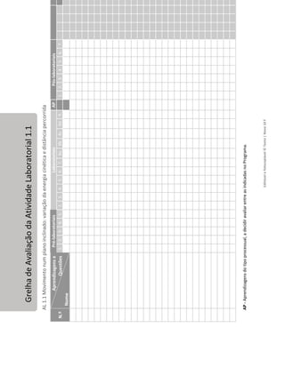 Editável
e
fotocopiável
©
Texto
|
Novo
10
F
61
Grelha
de
Avaliação
da
Atividade
Laboratorial
1.1
AL
1.1
Movimento
num
plano
inclinado:
variação
da
energia
cinética
e
distância
percorrida
N.º
Aprendizagens
e
Questões
Nome
Pré-laboratoriais
Laboratoriais
AP
Pós-laboratoriais
Global
1.
2.
3.
4.
5.
2.
3.
4.
5.
6.
7.
8a
8b
8c
8d
9.
1.
2.
3.
4.
5.
6.
7.
AP
-
Aprendizagens
do
tipo
processual,
a
decidir
avaliar
entre
as
indicadas
no
Programa.
 