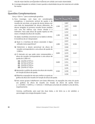 66 Editável e fotocopiável © Texto | Novo 10 F
5. Os declives das retas de regressão dos gráficos variam com os materiais em colisão. A uma
reta de maior declive correspondem materiais em colisão com maior elasticidade.
6. A energia dissipada na colisão é maior quando a elasticidade do par de materiais em colisão
for menor.
Questões Complementares
Use g = 9,8 m sо2
para a aceleração gravítica.
1. Para investigar, com base em considerações
energéticas, o movimento vertical de queda e de
ressalto de uma bola, um grupo de alunos deixou cair
uma bola de basquetebol de alturas diferentes. As
alturas atingidas no primeiro ressalto foram medidas
com uma fita métrica cuja menor divisão é o
milímetro. Para cada altura de queda repetiu-se três
vezes a medição da altura de ressalto.
Os dados recolhidos encontram-se na tabela à direita.
A resistência do ar é desprezável.
a) Qual é a incerteza de leitura associada à régua
utilizada nesta experiência?
b) Determine o desvio percentual da altura de
ressalto correspondente a uma altura de queda de
1,500 m.
c) O intervalo em que pode estar compreendida a
altura de ressalto correspondente a uma altura de
queda de 1,200 m é:
(A) [0,698;0,707] m
(B) [0,704;0,707] m
(C) [0,698;0,704] m
(D) [0,698;0,710] m
d) Apresente o gráfico de pontos da altura de ressalto
em função da altura de queda.
e) Obtenha a equação da reta que melhor se ajusta ao
gráfico da altura de ressalto em função da altura de queda.
f) Dois outros grupos trabalharam com bolas diferentes. As equações das retas de ajuste
aos gráficos da altura de ressalto em função da altura de queda foram
‫ݕ‬ = 0,5500‫ݔ‬ + 0,004 e ‫ݕ‬ = 0,4612‫ݔ‬ + 0,028 para uma bola de voleibol e uma de ténis,
respetivamente.
Conclua, justificando, para qual das duas bolas, a de ténis ou a de voleibol, a
percentagem de energia dissipada é maior.
hqueda / m hressalto / m ࢎ‫ܗܜܔ܉ܛܛ܍ܚ‬ / m
1,500
0,887
0,883
0,877
0,884
1,200
0,707
0,704
0,698
0,706
1,000
0,597
0,591
0,591
0,584
0,800
0,464
0,467
0,470
0,468
0,600
0,344
0,350
0,351
0,356
0,500
0,295
0,293
0,290
0,294
 