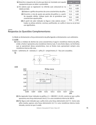 Editável e fotocopiável © Texto | Novo 10 F 73
a) Indique os nomes dos equipamentos A, B, C, D e E.
b) Desenhe o esquema do circuito que deve ser montado com aquele
equipamento para se obter o pretendido.
c) Os valores que se registaram na referida aula colocaram-se na
tabela ao lado.
(i) Elabore o gráfico de pontos da curva característica da pilha.
(ii) Encontre a reta de ajuste aos pontos do gráfico e, a partir
da equação obtida, indique quais são as grandezas que
caracterizam aquela pilha.
(iii) A partir do valor indicado na figura e dos valores encon-
trados na alínea anterior, conclua, justificando, se a pilha é nova ou se já teve
uso significativo.
Respostas às Questões Complementares
1. Mede-se diretamente a força eletromotriz da pilha ligando-a diretamente a um voltímetro.
2. a) (D)
b) Como o módulo do declive da curva característica é igual à resistência interna da pilha,
então a fonte Z apresenta uma resistência interna nula. É uma fonte ideal, e só há fontes
que se aproximam dessa característica, mas as fontes reais apresentam sempre uma
resistência interna não nula.
3. a) A – voltímetro; B – reóstato; C – pilha; D – amperímetro; E – fios com crocodilos.
b)
c) (i)
(ii) Da regressão linear indicada no gráfico, U = –180,502 I + 6,122, conclui-se que a pilha
apresenta uma força eletromotriz de 6,1 V e uma resistência interna de 180 :.
(iii) Na figura está indicado que a pilha teria uma força eletromotriz de 9 V. Como esta
pilha revelou apenas uma força eletromotriz 6,1 V e uma resistência interna muito
elevada, conclui-se que é usada.
I / mA U / V
8,1 4,44
10,2 4,29
11,3 4,29
12,4 4,02
14,2 3,60
16,9 2,90
 