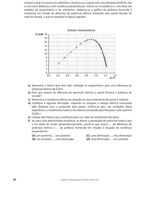 80 Editável e fotocopiável © Texto | Novo 10 F
2. Montou-se um circuito com um painel fotovoltaico, um amperímetro e uma resistência
variável à qual se associa um voltímetro. Iluminou-se o painel com uma lâmpada de 60 W, fixa
a uma certa distância e com incidência perpendicular. Variou-se a resistência e, com base nas
medidas do amperímetro e do voltímetro, elaborou-se o gráfico da potência fornecida à
resistência em função da diferença de potencial elétrico fornecida pelo painel (tensão de
saída do painel), o qual se reproduz na figura seguinte.
a) Apresente a leitura que teria sido realizada no amperímetro para uma diferença de
potencial elétrico de 0,34 V.
b) Para que valores de diferença de potencial elétrico o painel fornece a potência de
14 mW?
c) Determine a resistência elétrica na situação em que rendimento do painel é máximo.
d) Justifique a seguinte afirmação: «Quando se compara a energia elétrica consumida
pela lâmpada com a produzida pelo painel, verifica-se que, nas condições desta
experiência, o rendimento máximo do sistema constituído pela lâmpada e pelo painel é
0,03%.»
e) Indique dois fatores que contribuam para um valor de rendimento tão baixo.
f) Se, para uma determinada resistência, se alterar a orientação do painel de modo a que
a luz deixe de incidir perpendicularmente, prevê-se que ocorra ... da diferença de
potencial elétrico e ... da potência fornecida em relação à situação de incidência
perpendicular.
(A) um aumento …. um aumento
(B) um aumento …. uma diminuição
(C) uma diminuição …. uma diminuição
(D) uma diminuição …. um aumento
 