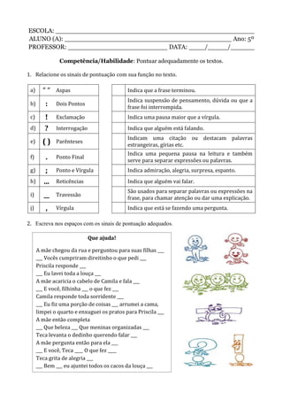 ESCOLA: __________________________________________________
ALUNO (A): __________________________________________ Ano: 5º
PROFESSOR: _________________________ DATA: ____/_____/______
Competência/Habilidade: Pontuar adequadamente os textos.
1. Relacione os sinais de pontuação com sua função no texto.
a) “ “ Aspas Indica que a frase terminou.
b) : Dois Pontos
Indica suspensão de pensamento, dúvida ou que a
frase foi interrompida.
c) ! Exclamação Indica uma pausa maior que a vírgula.
d) ? Interrogação Indica que alguém está falando.
e) ( ) Parênteses
Indicam uma citação ou destacam palavras
estrangeiras, gírias etc.
f) . Ponto Final
Indica uma pequena pausa na leitura e também
serve para separar expressões ou palavras.
g) ; Ponto e Vírgula Indica admiração, alegria, surpresa, espanto.
h) ... Reticências Indica que alguém vai falar.
i) __ Travessão
São usados para separar palavras ou expressões na
frase, para chamar atenção ou dar uma explicação.
j) , Vírgula Indica que está se fazendo uma pergunta.
2. Escreva nos espaços com os sinais de pontuação adequados.
Que ajuda!
A mãe chegou da rua e perguntou para suas filhas ___
___ Vocês cumpriram direitinho o que pedi ___
Priscila responde ___
___ Eu lavei toda a louça ___
A mãe acaricia o cabelo de Camila e fala ___
___ E você, filhinha ___ o que fez ___
Camila responde toda sorridente ___
___ Eu fiz uma porção de coisas ___ arrumei a cama,
limpei o quarto e enxuguei os pratos para Priscila ___
A mãe então completa
___ Que beleza ___ Que meninas organizadas ___
Teca levanta o dedinho querendo falar ___
A mãe pergunta então para ela ___
___ E você, Teca ____ O que fez ____
Teca grita de alegria ___
___ Bem ___ eu ajuntei todos os cacos da louça ___
 