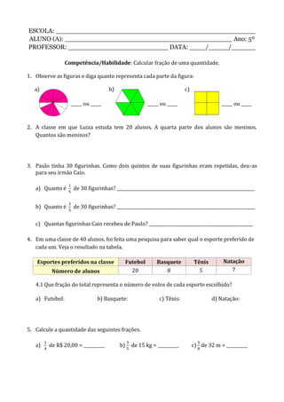 ESCOLA: __________________________________________________
ALUNO (A): __________________________________________ Ano: 5º
PROFESSOR: _________________________ DATA: ____/_____/______
Competência/Habilidade: Calcular fração de uma quantidade.
1. Observe as figuras e diga quanto representa cada parte da figura:
a) b) c)
_____ ou _____ _____ ou _____ _____ ou _____
2. A classe em que Luiza estuda tem 20 alunos. A quarta parte dos alunos são meninos.
Quantos são meninos?
3. Paulo tinha 30 figurinhas. Como dois quintos de suas figurinhas eram repetidas, deu-as
para seu irmão Caio.
a) Quanto é de 30 figurinhas? _________________________________________________________________
b) Quanto é de 30 figurinhas? _________________________________________________________________
c) Quantas figurinhas Caio recebeu de Paulo? _________________________________________________
4. Em uma classe de 40 alunos, foi feita uma pesquisa para saber qual o esporte preferido de
cada um. Veja o resultado na tabela.
Esportes preferidos na classe Futebol Basquete Tênis Natação
Número de alunos 20 8 5 7
4.1 Que fração do total representa o número de votos de cada esporte escolhido?
a) Futebol: b) Basquete: c) Tênis: d) Natação:
5. Calcule a quantidade das seguintes frações.
a) de R$ 20,00 = __________ b) de 15 kg = __________ c) de 32 m = __________
 