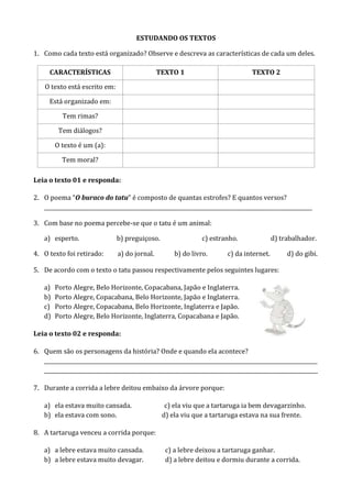 ESTUDANDO OS TEXTOS
1. Como cada texto está organizado? Observe e descreva as características de cada um deles.
CARACTERÍSTICAS TEXTO 1 TEXTO 2
O texto está escrito em:
Está organizado em:
Tem rimas?
Tem diálogos?
O texto é um (a):
Tem moral?
Leia o texto 01 e responda:
2. O poema “O buraco do tatu” é composto de quantas estrofes? E quantos versos?
______________________________________________________________________________________________________
3. Com base no poema percebe-se que o tatu é um animal:
a) esperto. b) preguiçoso. c) estranho. d) trabalhador.
4. O texto foi retirado: a) do jornal. b) do livro. c) da internet. d) do gibi.
5. De acordo com o texto o tatu passou respectivamente pelos seguintes lugares:
a) Porto Alegre, Belo Horizonte, Copacabana, Japão e Inglaterra.
b) Porto Alegre, Copacabana, Belo Horizonte, Japão e Inglaterra.
c) Porto Alegre, Copacabana, Belo Horizonte, Inglaterra e Japão.
d) Porto Alegre, Belo Horizonte, Inglaterra, Copacabana e Japão.
Leia o texto 02 e responda:
6. Quem são os personagens da história? Onde e quando ela acontece?
________________________________________________________________________________________________________
________________________________________________________________________________________________________
7. Durante a corrida a lebre deitou embaixo da árvore porque:
a) ela estava muito cansada. c) ela viu que a tartaruga ia bem devagarzinho.
b) ela estava com sono. d) ela viu que a tartaruga estava na sua frente.
8. A tartaruga venceu a corrida porque:
a) a lebre estava muito cansada. c) a lebre deixou a tartaruga ganhar.
b) a lebre estava muito devagar. d) a lebre deitou e dormiu durante a corrida.
 