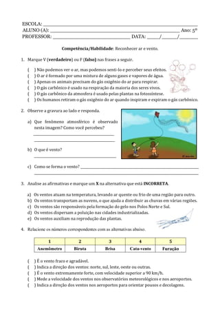 ESCOLA: __________________________________________________
ALUNO (A): __________________________________________ Ano: 5º
PROFESSOR: _________________________ DATA: ____/_____/______
Competência/Habilidade: Reconhecer ar e vento.
1. Marque V (verdadeiro) ou F (falso) nas frases a seguir.
( ) Não podemos ver o ar, mas podemos senti-lo e perceber seus efeitos.
( ) O ar é formado por uma mistura de alguns gases e vapores de água.
( ) Apenas os animais precisam do gás oxigênio do ar para respirar.
( ) O gás carbônico é usado na respiração da maioria dos seres vivos.
( ) O gás carbônico da atmosfera é usado pelas plantas na fotossíntese.
( ) Os humanos retiram o gás oxigênio do ar quando inspiram e expiram o gás carbônico.
2. Observe a gravura ao lado e responda.
a) Que fenômeno atmosférico é observado
nesta imagem? Como você percebeu?
_________________________________________________
_________________________________________________
b) O que é vento?
__________________________________________________
c) Como se forma o vento? ________________________________________________________________________
____________________________________________________________________________________________________
3. Analise as afirmativas e marque um X na alternativa que está INCORRETA.
a) Os ventos atuam na temperatura, levando ar quente ou frio de uma região para outro.
b) Os ventos transportam as nuvens, o que ajuda a distribuir as chuvas em várias regiões.
c) Os ventos são responsáveis pela formação do gelo nos Polos Norte e Sul.
d) Os ventos dispersam a poluição nas cidades industrializadas.
e) Os ventos auxiliam na reprodução das plantas.
4. Relacione os números correspondentes com as alternativas abaixo.
1 2 3 4 5
Anemômetro Biruta Brisa Cata-vento Furação
( ) É o vento fraco e agradável.
( ) Indica a direção dos ventos: norte, sul, leste, oeste ou outras.
( ) É o vento extremamente forte, com velocidade superior a 90 km/h.
( ) Mede a velocidade dos ventos nos observatórios meteorológicos e nos aeroportos.
( ) Indica a direção dos ventos nos aeroportos para orientar pousos e decolagens.
 