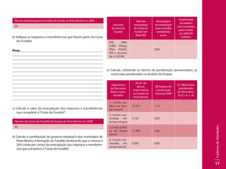 CadernodeAtividades
17
Receita tributária geral no âmbito do Estado de Peixe Bonito em 2009
R$
b) Indique os impostos e transferências que fazem parte da Cesta
do Fundeb:
Resp:									
									
									
									
									
									
									
									
									
								 	
									
									
	 							
c) Calcule o valor da arrecadação dos impostos e transferências
que compõem a“Cesta do Fundeb”:
Receita (da Cesta do Fundeb) do Estado de Peixe Bonito em 2008
R$
d) Calcule a contribuição do governo estadual e dos municípios de
Peixe Bonito, à formação do Fundeb, lembrando que a mesma é
20% (vinte por cento) da arrecadação dos impostos e transferên-
cias que compõem a“Cesta do Fundeb”.
Impostos
da cesta do
Fundeb
Valorda
arrecadação
da“Cestado
Fundeb”em
Reais(R$)
Porcentagem
decontribuição
paraoFundeb
estabelecida
emlei.
Contribuição
do estado e
seus municípios
para o fundo
em 2009 (R$
milhões)
FPE, FPM,
ICMS, IPIexp,
IPVA, ITCMD,
ITR e recursos
da LC 87/96
20%
e) Calcule, utilizando os fatores de ponderação apresentados, as
matrículas ponderadas no âmbito do Estado.
Segmentos
da Educação
Básica consi-
derados
(A) Nº. de
alunos
matriculados
no Estado de
Peixe Bonito
(B) Fatores de
ponderação
nacional 2009
(C ) Matrículas
ponderadas
de Peixe Boni-
to (C= A x B)
1. Creche pú-
blica em tem-
po integral
13.914 1,10
2. Creche con-
veniada em
tempo integral
5.720 0,95
3.Creche públi-
ca em tempo
parcial
17.890 0,80
4. Creche con-
veniada em
tempo parcial
4.560 0,80
 