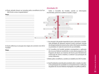 CadernodeAtividades
33
a) Quais atitudes devem ser tomadas pelos conselheiros do Fun-
deb frente a estas irregularidades?
Resp:							
							
							
							
							
							
							
							
							
							
							
							
					 		
							
							
		 				
b) Qual a diferença na atuação dos órgãos de controle e do CACS/
Fundeb?
Resp:									
									
									
									
									
									
									
									
									
								 	
								
Atividade 29
Sobre o Conselho do Fundeb, usando as informações
enumeradas, preencha a palavra cruzada a seguir.
                                  1. C                      
                      2. O                      
                  3. N                                        
                    4. S                      
                      5. E                      
              6. L                      
                     7. H
                  8. O
                                                           
                              9. D                      
              10. O                      
                                                                                 
                            11. F
                                12. U
                      13. N
                              14. D
                15. E
16. B
1. Sua atuação é de grande importância para a educação e conside-
rada atividade de relevante interesse social e possuem isenção
daobrigatoriedadedetestemunharsobreinformaçõesrecebidas
ou prestadas em razão do exercício de suas atividades. 	
2. Os Conselhos do Fundeb também acompanham a aplicação
dos recursos federais transferidos à conta deste programa e do
Programa de Apoio aos Sistemas de Ensino para Atendimento
à Educação de Jovens e Adultos, e analisam suas prestações de
contas referentes.
3. Eleitos pelos conselheiros, coordena os trabalhos do CACS Fundeb.	
							
4. Açãofiscalizadoraexercidapelasociedadesobreoestadoe/oudirei-
todaparticipaçãodasociedadenoacompanhamentoeverificação
da gestão dos recursos federais empregados nas políticas públicas.
 