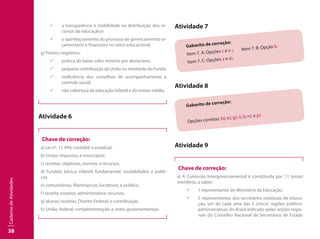 38
CadernodeAtividades
99 a transparência e visibilidade na distribuição dos re-
cursos da educação;e
99 o aperfeiçoamento do processo de gerenciamento or-
çamentário e financeiro no setor educacional.
g) Pontos negativos:
99 prática do baixo valor mínimo por aluno/ano;
99 pequena contribuição da União no montante do Fundo;
99 ineficiência dos conselhos de acompanhamento e
controle social;
99 não cobertura da educação infantil e do ensino médio.
Atividade 6
Chave de correção:
a) Lei nº. 11.494; contábil; e estadual.
b) União; impostos; e municípios.
c) receitas; objetivos, normas; e recursos.
d) Fundeb; básica; infantil; fundamental; modalidades; e públi-
cas.
e) comunitárias; filantrópicas; lucrativos; e público.
f) receita; estados; administrativa; recursos.
g) alunos; receitas; Distrito Federal; e contribuição.
h) União; federal; complementação; e entes governamentais.
Atividade 7
Gabarito de correção:
Item 7. A: Opções c e e .; Item 7. B: Opção b.
Item 7. C: Opções a e d.;
Atividade 8
Gabarito de correção:
Opções corretas: b); e); g); i); l); n); e p).
Atividade 9
Chave de correção:
a) A Comissão Intergovernamental é constituída por 11 (onze)
membros, a saber:
99 1 representante do Ministério da Educação;
99 5 representantes dos secretários estaduais de educa-
ção, um de cada uma das 5 (cinco) regiões político-
administrativas do Brasil indicado pelas seções regio-
nais do Conselho Nacional de Secretários de Estado
 