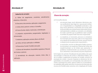 48
CadernodeAtividades
Atividade 27
Gabarito de correção:
a) folhas de pagamento; convênios; atendimento;
relatórios; e Executivo.
b) Executivo; documentos; aplicação; e pagamento.
c) visitas; bens; parecer; contas; e Conselho.
d) Censo Escolar; dados; matrículas; e distribuição.
e) proposta orçamentária; programados; legislação; e
remuneração.
f) relatórios; aplicação; extratos; Banco do Brasil.
g) visitas, serviços; aplicação; e utilidade.
h) financeiras; Fundo/ Fundeb; execução.
i) Câmara de Vereadores; Assembléia Legislativa; Tribunal
de Contas; e parecer.
j) secretário(a) de educação; maioria; trinta dias; e
aplicação.
Atividade 28
Chave de correção:
a) O Conselho deverá:
99 em primeiro lugar, reunir elementos (denúncias, pro-
vas, justificativas, base legal etc.) que possam esclare-
cer a irregularidade ou a ilegalidade praticada e, com
base nesses elementos, encaminhar, por escrito, pedi-
dodeprovidênciasaogovernanteresponsável(sepos-
sível apontando a solução ou correção a ser adotada),
de modo a permitir que os problemas sejam sanados
no âmbito do próprio Poder Executivo responsável;
99 na seqüência, se necessário, procurar os vereadores
do município para que estes, pela via da negociação
e/ou adoção de providências formais, possam buscar
a solução junto ao governante responsável; e
99 se necessário, recorrer ao Ministério Público (promo-
tor de justiça) e ao respectivo Tribunal de Contas (do
estado/município ou da União) para apresentar o
problema, fundamentando sua ocorrência e juntan-
do os elementos e documentos de prova disponíveis.
b) Os órgãos de controle e fiscalização da ação pública, dos quais
são exemplos os Tribunais de Contas e o Ministério Público, atu-
am na análise e julgamento da gestão do Fundeb, inclusive na
prestação de contas, e buscam respostas às denúncias de irre-
gularidades. Já o Conselho, em contrapartida, não avalia tecnica-
mente a prestação de contas, apenas verifica se os procedimen-
tos adotados pelo poder executivo no processo de execução dos
recursos do Fundeb estão coerentes com a legislação do Fundo,
 