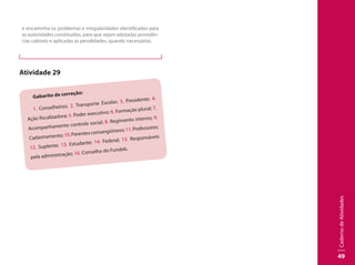 CadernodeAtividades
49
e encaminha os problemas e irregularidades identificados para
as autoridades constituídas, para que sejam adotadas providên-
cias cabíveis e aplicadas as penalidades, quando necessárias.
Atividade 29
Gabarito de correção:
1. Conselheiros; 2. Transporte Escolar; 3. Presidente; 4.
Ação fiscalizadora; 5. Poder executivo; 6. Formação plural; 7.
Acompanhamento controle social; 8. Regimento interno; 9.
Cadastramento;10.Parentesconsangüíneos;11.Professores;
12. Suplente; 13. Estudante; 14. Federal; 15. Responsáveis
pela administração; 16. Conselho do Fundeb.
 