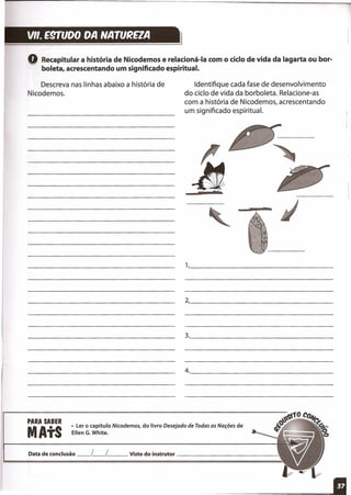 VII. E91lJDO DA NATUREZA
Q Recapitular a história de Nicodemos e relacioná-Ia com o ciclo de vida da lagarta ou bor-
boleta, acrescentando um significado espiritual.
Descreva nas linhas abaixo a história de
Nicodemos.
Identifique cada fase de desenvolvimento
do ciclo de vida da borboleta. Relacione-as
com a história de Nicodemos, acrescentando
um significado espiritual.
1.~ _
2~ _
3., _
4., _
PARA SABER
MAtS
• Ler o capítulo Nicodemos, do livro Desejado de Todas as Nações de
Ellen G.White.
Data de conclusão L L Visto do instrutor _
--~.I
 
