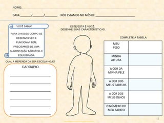 NOME:________________________________________________________________________
DATA:_______/_______/________ NÓS ESTAMOS NO MÊS DE _________________________
MEU
PESO
MINHA
ALTURA
A COR DA
MINHA PELE
A COR DOS
MEUS CABELOS
A COR DOS
MEUS OLHOS
O NÚMERO DO
MEU SAPATO
VOCÊ SABIA?
PARA O NOSSO CORPO SE
DESENVOLVER E
FUNCIONAR BEM,
PRECISAMOS DE UMA
ALIMENTAÇÃO SAUDÁVEL E
EQUILIBRADA.
QUAL A MERENDA DA SUA ESCOLA HOJE?
COMPLETE A TABELA:
CARDÁPIO
_______________________
_______________________
_______________________
_______________________
_______________________
_______________________
ESTE/ESTA É VOCÊ.
DESENHE SUAS CARACTERÍSTICAS.
http://actividadesparacrianas.blogspot.com.br/2010/02/corpo-humano.html
11
 