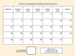 ESTE É O CALENDÁRIO DO MÊS DE AGOSTO DE 2012.
DOMINGO SEGUNDA-
FEIRA
TERÇA-
FEIRA
QUARTA-
FEIRA
QUINTA-
FEIRA
SEXTA-
FEIRA
SÁBADO
1 2 3 4
5 6 7 8 9 10 11
12 13 14 15 16 17 18
19 20 21 22 23 24 25
26 27 28 29 30 31
O MÊS DE AGOSTO
TEM QUANTOS DIAS?
PINTE DE AZUL
O PRIMEIRO DIA DO MÊS
E O ÚLTIMO DIA DO MÊS.
3
 