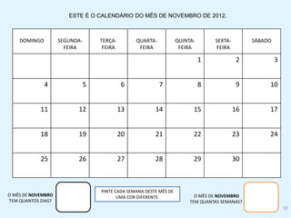 ESTE É O CALENDÁRIO DO MÊS DE NOVEMBRO DE 2012.
DOMINGO SEGUNDA-
FEIRA
TERÇA-
FEIRA
QUARTA-
FEIRA
QUINTA-
FEIRA
SEXTA-
FEIRA
SÁBADO
1 2 3
4 5 6 7 8 9 10
11 12 13 14 15 16 17
18 19 20 21 22 23 24
25 26 27 28 29 30
O MÊS DE NOVEMBRO
TEM QUANTOS DIAS?
O MÊS DE NOVEMBRO
TEM QUANTAS SEMANAS?
PINTE CADA SEMANA DESTE MÊS DE
UMA COR DIFERENTE.
32
 