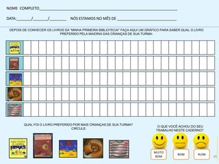 NOME COMPLETO_________________________________________________________________
DATA:_______/_______/________ NÓS ESTAMOS NO MÊS DE ____________________________
DEPOIS DE CONHECER OS LIVROS DA “MINHA PRIMEIRA BIBLIOTECA!” FAÇA AQUI UM GRÁFICO PARA SABER QUAL O LIVRO
PREFERIDO PELA MAIORIA DAS CRIANÇAS DE SUA TURMA:
QUAL FOI O LIVRO PREFERIDO POR MAIS CRIANÇAS DE SUA TURMA?
CIRCULE:
O QUE VOCÊ ACHOU DO SEU
TRABALHO NESTE CADERNO?
MUITO
BOM
RUIMBOM
http://pierrebarth.wordpress.com/tag/emotions/
39
 