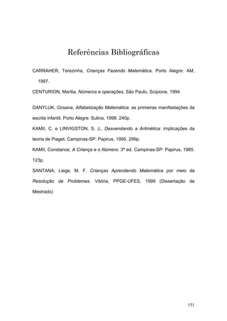 Referências Bibliográficas

CARRAHER, Terezinha, Crianças Fazendo Matemática. Porto Alegre: AM,

  1997.

CENTURION, Marilia, Números e operações, São Paulo, Scipione, 1994.


DANYLUK, Ocsana, Alfabetização Matemática: as primeiras manifestações da

escrita infantil. Porto Alegre: Sulina, 1998. 240p.

KAMII, C. e LINVIGSTON, S. J., Desvendando a Aritmética: implicações da

teoria de Piaget. Campinas-SP: Papirus, 1995. 299p.

KAMII, Constance, A Criança e o Número. 3ª ed. Campinas-SP: Papirus, 1985.

123p.

SANTANA, Liege, M. F. Crianças Aprendendo Matemática por meio da

Resolução de Problemas. Vitória, PPGE-UFES, 1999 (Dissertação de

Mestrado)




                                                                      151
 