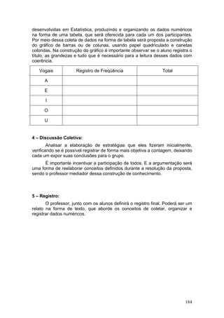 desenvolvidas em Estatística, produzindo e organizando os dados numéricos
na forma de uma tabela, que será oferecida para cada um dos participantes.
Por meio dessa coleta de dados na forma de tabela será proposta a construção
do gráfico de barras ou de colunas, usando papel quadriculado e canetas
coloridas. Na construção do gráfico é importante observar se o aluno registra o
título, as grandezas e tudo que é necessário para a leitura desses dados com
coerência.

   Vogais             Registro de Freqüência                     Total

      A

      E

      I

      O

      U


4 – Discussão Coletiva:
        Analisar a elaboração de estratégias que eles fizeram inicialmente,
verificando se é possível registrar de forma mais objetiva a contagem, deixando
cada um expor suas conclusões para o grupo.
      É importante incentivar a participação de todos. E a argumentação será
uma forma de reelaborar conceitos definidos durante a resolução da proposta,
sendo o professor mediador dessa construção de conhecimento.



5 – Registro:
       O professor, junto com os alunos definirá o registro final. Poderá ser um
relato na forma de texto, que aborde os conceitos de coletar, organizar e
registrar dados numéricos.




                                                                            184
 