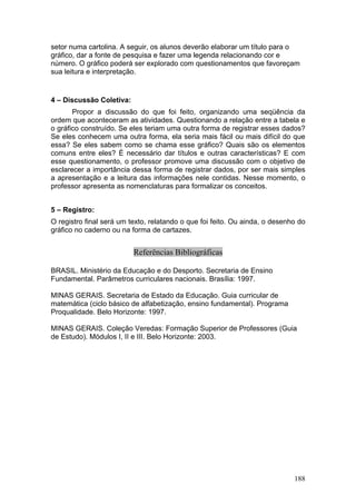 setor numa cartolina. A seguir, os alunos deverão elaborar um título para o
gráfico, dar a fonte de pesquisa e fazer uma legenda relacionando cor e
número. O gráfico poderá ser explorado com questionamentos que favoreçam
sua leitura e interpretação.


4 – Discussão Coletiva:
       Propor a discussão do que foi feito, organizando uma seqüência da
ordem que aconteceram as atividades. Questionando a relação entre a tabela e
o gráfico construído. Se eles teriam uma outra forma de registrar esses dados?
Se eles conhecem uma outra forma, ela seria mais fácil ou mais difícil do que
essa? Se eles sabem como se chama esse gráfico? Quais são os elementos
comuns entre eles? É necessário dar títulos e outras características? E com
esse questionamento, o professor promove uma discussão com o objetivo de
esclarecer a importância dessa forma de registrar dados, por ser mais simples
a apresentação e a leitura das informações nele contidas. Nesse momento, o
professor apresenta as nomenclaturas para formalizar os conceitos.


5 – Registro:
O registro final será um texto, relatando o que foi feito. Ou ainda, o desenho do
gráfico no caderno ou na forma de cartazes.


                          Referências Bibliográficas

BRASIL. Ministério da Educação e do Desporto. Secretaria de Ensino
Fundamental. Parâmetros curriculares nacionais. Brasília: 1997.

MINAS GERAIS. Secretaria de Estado da Educação. Guia curricular de
matemática (ciclo básico de alfabetização, ensino fundamental). Programa
Proqualidade. Belo Horizonte: 1997.

MINAS GERAIS. Coleção Veredas: Formação Superior de Professores (Guia
de Estudo). Módulos I, II e III. Belo Horizonte: 2003.




                                                                             188
 