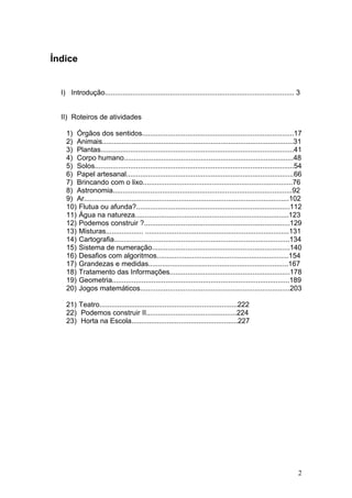 Índice


  I) Introdução................................................................................................ 3


  II) Roteiros de atividades

    1) Órgãos dos sentidos.............................................................................17
    2) Animais.................................................................................................31
    3) Plantas..................................................................................................41
    4) Corpo humano......................................................................................48
    5) Solos.....................................................................................................54
    6) Papel artesanal.....................................................................................66
    7) Brincando com o lixo............................................................................76
    8) Astronomia...........................................................................................92
    9) Ar........................................................................................................102
    10) Flutua ou afunda?..............................................................................112
    11) Água na natureza..............................................................................123
    12) Podemos construir ?..........................................................................129
    13) Misturas................... .........................................................................131
    14) Cartografia.........................................................................................134
    15) Sistema de numeração......................................................................140
    16) Desafios com algoritmos...................................................................154
    17) Grandezas e medidas.......................................................................167
    18) Tratamento das Informações.............................................................178
    19) Geometria..........................................................................................189
    20) Jogos matemáticos............................................................................203

    21) Teatro......................................................................222
    22) Podemos construir II..............................................224
    23) Horta na Escola......................................................227




                                                                                                                  2
 