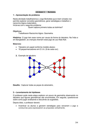 Atividade 2:   Borboleta
1 – Apresentação do problema

Nesta atividade trabalharemos o Jogo Borboleta que é bem simples nos
permite explorar conceitos geométricos, gerar estratégias e trabalhar o
raciocínio lógico-matemático.
Inicia-se com o seguinte problema:
                   Quem captura primeiro todas as bolinhas?

Objetivos:
      Trabalharem Raciocínio lógico. Geometria.

Histórico: O jogo tem esse nome por causa da forma do tabuleiro. Na Índia e
em Bangladesh, as crianças chamam esse jogo de Lau Kata Kati.

Materiais:
   •   Tabuleiro em papel conforme modelo abaixo;
   •   18 peças/marcadores em E.V.A. (9 de cada cor);


   2. Exemplo de tabuleiro




Desafio: Capturar todas as peças do adversário.


2 – Levantamento de hipóteses
O professor pode nesta etapa explorar um pouco de geometria observando no
tabuleiro que figuras geométricas são encontradas. Em seguida, questiona-se
sobre como jogar analisando e discutindo as sugestões.
Depois disto, o professor deverá:
   •   Incentivar os alunos a gerarem estratégias para vencerem o jogo e
       conduzi-las para expressarem as propostas verbalmente.




                                                                          208
 