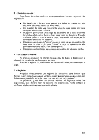 3 – Experimentação
      O professor incentiva os alunos a compreenderem bem as regras do. As
regras são:

      •   Os jogadores colocam suas peças em todas as casas do seu
          tabuleiro, deixando a casa do meio vazia.
      •   Um jogador de cada vez movimenta uma de suas peças em linha
          reta para a casa mais próxima.
      •   O jogador pode pular uma peça do adversário se a casa seguinte
          (em linha reta) estiver livre, e tirar essa peça do tabuleiro. E pode
          continuar pulando com a mesma peça, "comendo" outras peças do
          adversário enquanto for possível.
      •   O jogador que deixar de "comer", perde a peça para o adversário. Se
          tiver mais de uma opção para "comer" a peça do opononente, ele
          pode escolher uma delas, sem perder peças.
      •   O jogador que tirar todas as peças do adversário do tabuleiro ganha.

4 – Discussão Coletiva:
      As crianças discutem no interior do grupo (ou da dupla) e depois com a
classe toda para tentar explicar como vencem.
      Refazer o registro do roteiro com as formas utilizadas para vencerem o
jogo.

5 – Registro:
        Negociar coletivamente um registro de atividades para definir: que
formas foram mais eficazes para vencer o jogo? Quais mudanças poderiam ser
feitas nas regras de forma a dar mais chances a todos os jogadores?
        O professor, junto com os alunos definirá os registros finais da
experiência, que deverá ficar no caderno de experiência. Neste estágio o
professor ajuda a escrever corretamente o texto.




                                                                           209
 