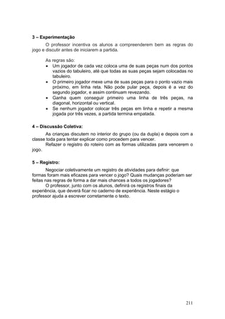 3 – Experimentação
       O professor incentiva os alunos a compreenderem bem as regras do
jogo e discutir antes de iniciarem a partida.

      As regras são:
      • Um jogador de cada vez coloca uma de suas peças num dos pontos
         vazios do tabuleiro, até que todas as suas peças sejam colocadas no
         tabuleiro.
      • O primeiro jogador mexe uma de suas peças para o ponto vazio mais
         próximo, em linha reta. Não pode pular peça, depois é a vez do
         segundo jogador, e assim continuam revezando.
      • Ganha quem conseguir primeiro uma linha de três peças, na
         diagonal, horizontal ou vertical.
      • Se nenhum jogador colocar três peças em linha e repetir a mesma
         jogada por três vezes, a partida termina empatada.

4 – Discussão Coletiva:
      As crianças discutem no interior do grupo (ou da dupla) e depois com a
classe toda para tentar explicar como procedem para vencer.
      Refazer o registro do roteiro com as formas utilizadas para vencerem o
jogo.

5 – Registro:
        Negociar coletivamente um registro de atividades para definir: que
formas foram mais eficazes para vencer o jogo? Quais mudanças poderiam ser
feitas nas regras de forma a dar mais chances a todos os jogadores?
        O professor, junto com os alunos, definirá os registros finais da
experiência, que deverá ficar no caderno de experiência. Neste estágio o
professor ajuda a escrever corretamente o texto.




                                                                        211
 