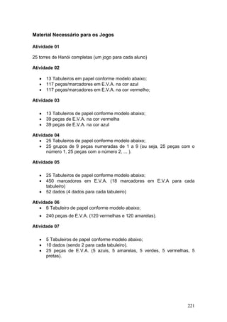Material Necessário para os Jogos

Atividade 01

25 torres de Hanói completas (um jogo para cada aluno)

Atividade 02

   •   13 Tabuleiros em papel conforme modelo abaixo;
   •   117 peças/marcadores em E.V.A. na cor azul
   •   117 peças/marcadores em E.V.A. na cor vermelho;

Atividade 03

   •   13 Tabuleiros de papel conforme modelo abaixo;
   •   39 peças de E.V.A. na cor vermelha
   •   39 peças de E.V.A. na cor azul

Atividade 04
   • 25 Tabuleiros de papel conforme modelo abaixo;
   • 25 grupos de 9 peças numeradas de 1 a 9 (ou seja, 25 peças com o
      número 1, 25 peças com o número 2, ... ).

Atividade 05

   •   25 Tabuleiros de papel conforme modelo abaixo;
   •   450 marcadores em E.V.A. (18 marcadores em E.V.A para cada
       tabuleiro)
   •   52 dados (4 dados para cada tabuleiro)

Atividade 06
   • 6 Tabuleiro de papel conforme modelo abaixo;
   •   240 peças de E.V.A. (120 vermelhas e 120 amarelas).

Atividade 07

   •   5 Tabuleiros de papel conforme modelo abaixo;
   •   10 dados (sendo 2 para cada tabuleiro).
   •   25 peças de E.V.A. (5 azuis, 5 amarelas, 5 verdes, 5 vermelhas, 5
       pretas).




                                                                    221
 