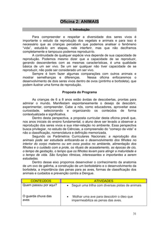 Oficina 2: ANIMAIS
                                   1. Introdução

       Para compreender e respeitar a diversidade dos seres vivos é
importante o estudo da reprodução dos vegetais e animais e para isso é
necessário que as crianças percebam que podemos analisar o fenômeno
“vida”, estudá-lo em etapas, nele interferir, mas que não deciframos
completamente e tampouco podemos reproduzi-lo.
       A continuidade de qualquer espécie viva depende de sua capacidade de
reprodução. Podemos mesmo dizer que a capacidade de se reproduzir,
gerando descendentes com as mesmas características, é uma qualidade
básica de um ser vivo. Se um ser qualquer não tiver capacidade de se
reproduzir, não pode ser considerado um ser vivo.
       Sempre é bom fazer algumas comparações com outros animais e
mostrar semelhanças e diferenças.           Nessa oficina enfocaremos o
desenvolvimento de dois seres vivos dentro de ovos (pintinho e borboleta), que
podem ilustrar uma forma de reprodução.

                           Proposta do Programa

        As crianças de 6 a 8 anos estão ávidas de descobertas, prontas para
admirar o mundo. Manifestam espontaneamente o desejo de descobrir,
experimentar, compreender. Cabe a nós, como educadores, aproveitar essa
curiosidade, selecionando e organizando os conteúdos de forma
contextualizada e significativa.
        Dentro desta perspectiva, a proposta curricular desta oficina prevê que,
nos anos iniciais do ensino fundamental, o aluno deve ser levado a observar a
reprodução dos seres vivos e sua inter-relação no ambiente. Essa perspectiva
busca privilegiar, no estudo de Ciências, a compreensão do “começo da vida” e
não a classificação, nomenclatura e definição memorizada.
        Segundo os Parâmetros Curriculares Nacionais: a reprodução dos
animais pode ser estudada enfocando-se o desenvolvimento dos filhotes no
interior do corpo materno ou em ovos postos no ambiente, alimentação dos
filhotes e o cuidado com a prole, os rituais de acasalamento, as épocas de cio,
o tempo de gestação, o tempo que os filhotes levam para atingir a maturidade e
o tempo de vida. São funções rítmicas, interessantes e importantes a serem
estudadas.
        Dentro desse eixo propomos desenvolver o conhecimento da anatomia
de um ovo de galinha, a construção de um borboletário e o desenvolvimento da
borboleta, a importância das penas para as aves, formas de classificação dos
animais e cuidados e prevenção contra a Dengue.

    CONTEÚDOS                                       ATIVIDADES
Quem passou por aqui?          •    Seguir uma trilha com diversas pistas de animais


O guarda chuva das             •     Molhar uma ave para descobrir o óleo que
aves                                impermeabiliza as penas das aves.



                                                                                31
 