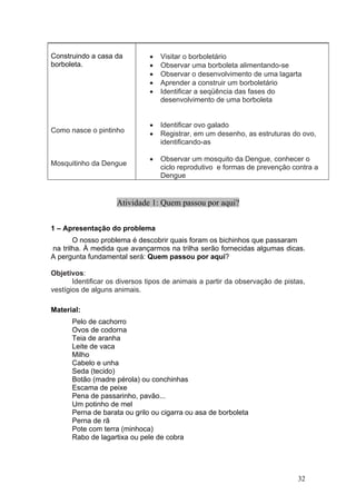 Construindo a casa da          •   Visitar o borboletário
borboleta.                     •   Observar uma borboleta alimentando-se
                               •   Observar o desenvolvimento de uma lagarta
                               •   Aprender a construir um borboletário
                               •   Identificar a seqüência das fases do
                                   desenvolvimento de uma borboleta


                               •   Identificar ovo galado
Como nasce o pintinho          •   Registrar, em um desenho, as estruturas do ovo,
                                   identificando-as

                               •   Observar um mosquito da Dengue, conhecer o
Mosquitinho da Dengue
                                   ciclo reprodutivo e formas de prevenção contra a
                                   Dengue


                    Atividade 1: Quem passou por aqui?


1 – Apresentação do problema
       O nosso problema é descobrir quais foram os bichinhos que passaram
na trilha. À medida que avançarmos na trilha serão fornecidas algumas dicas.
A pergunta fundamental será: Quem passou por aqui?

Objetivos:
       Identificar os diversos tipos de animais a partir da observação de pistas,
vestígios de alguns animais.

Material:
      Pelo de cachorro
      Ovos de codorna
      Teia de aranha
      Leite de vaca
      Milho
      Cabelo e unha
      Seda (tecido)
      Botão (madre pérola) ou conchinhas
      Escama de peixe
      Pena de passarinho, pavão...
      Um potinho de mel
      Perna de barata ou grilo ou cigarra ou asa de borboleta
      Perna de rã
      Pote com terra (minhoca)
      Rabo de lagartixa ou pele de cobra




                                                                              32
 