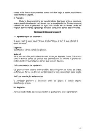 caules mais finos e transparentes, como o da flor beijo) e assim possibilitar o
crescimento do vegetal.
5- Registro
      O aluno deverá registrar as características das flores antes e depois de
serem acondicionadas nos recipientes com a água já colorida. Esquematizar no
caderno de aulas o percurso da água das raízes até as outras partes do
vegetal, demonstrando a presença de vasos condutores dentro das estruturas.

                        Atividade 4: O que é o que é ?

1 – Apresentação do problema

O que é raiz? O que é caule? O que é folha? O que é flor? O que é fruto? O
que é semente?

Objetivo:
Identificar as várias partes das plantas.

Material:
Pedir para as crianças trazerem de casa hortaliças, legumes, frutas. Sair com a
turma e buscar partes de plantas nas proximidades da escola. A professora
poderá também levar algumas partes que causam dúvidas.

2 - Levantamento de hipóteses

Os grupos devem separar tudo que têm, deixando juntos os frutos, as raízes,
as folhas, as flores, etc. Devem também registrar como classificam cada objeto.

3 - Experimentação e discussão

O professor promove a discussão entre os grupos e corrige alguma
classificação errada.

4 – Registro

Ao final da atividade, as crianças relatam o que fizeram, o que aprenderam




                                                                             45
 