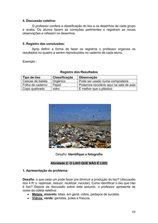 4. Discussão coletiva:
      O professor confere a classificação do lixo e os desenhos de cada grupo
e avalia. Os alunos fazem as correções pertinentes e registram as novas
observações e refazem os desenhos.


5. Registro das conclusões:
       Após definir a forma de fazer os registros o professor organiza os
resultados no quadro a serem reproduzidos no caderno de cada aluno.

Exemplo :


                            Registro dos Resultados
Tipo de lixo          Classificação       Observação
Cascas de batata      Orgânico            Pode ser usado numa composteira
Folha de caderno      Papel               Podemos reciclá-lo aqui na sala de aula
Copo quebrado         vidro               É melhor que o plástico




                        Desafio: Identifique a fotografia

                     Atividade 2: O LIXO QUE NÃO É LIXO

1. Apresentação do problema:

Desafio: o que cada um pode fazer pra diminuir a produção do lixo? (discussão
dos 4 R’ s: repensar, reduzir, reutilizar, reciclar). Como identificar o lixo que não
é lixo? Depois da discussão sobre este assunto, o professor apresenta as
cores da coleta seletiva:
    • Metais: amarelo: latas, em geral, cobre, pedaços de sucatas.
    • Vidros: verde: garrafas, potes e frascos.



                                                                                  68
 