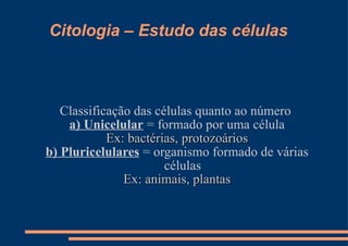 Citologia – Estudo das células Classificação das células quanto ao número  a) Unicelular  = formado por uma célula Ex: bactérias, protozoários b) Pluricelulares  = organismo formado de várias células Ex: animais, plantas 