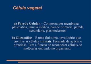 Célula vegetal a) Parede Celular  – Composta por membrana plasmática, lamela médica, parede primária, parede secundária, plasmodermos b) Glicocálise  – É uma finíssima, involutório que envolve as células  animais.  Formada de açúcar e proteínas. Tem a função de reconhecer células de moléculas entrando no organismo.  