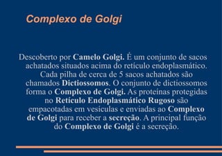 Complexo de Golgi Descoberto por  Camelo Golgi.  É um conjunto de sacos achatados situados acima do retículo endoplasmático. Cada pilha de cerca de 5 sacos achatados são chamados  Dictiossomos . O conjunto de dictiossomos forma o  Complexo de Golgi.  As proteínas protegidas no  Retículo Endoplasmático Rugoso  são empacotadas em vesículas e enviadas ao  Complexo de Golgi  para receber a  secreção . A principal função do  Complexo de Golgi  é a secreção. 