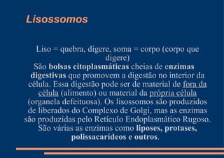 Lisossomos Liso = quebra, digere, soma = corpo (corpo que digere) São  bolsas citoplasmáticas  cheias de e nzimas digestivas  que promovem a digestão no interior da célula. Essa digestão pode ser de material de  fora da célula  (alimento) ou material da  própria célula  (organela defeituosa). Os lisossomos são produzidos de liberados do Complexo de Golgi, mas as enzimas são produzidas pelo Retículo Endoplasmático Rugoso. São várias as enzimas como  liposes, protases, polissacarídeos e outros .  