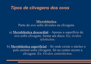 Tipos de clivagens dos ovos Microblástica Parte do ovo sofre divisões ou clivagens a)  Meroblástica descordial  – Apenas a superfície do ovo sofre clivagem, forma um disco. Ex:  óvulos telolécitos. b)  Meroblástica superficial  – Só onde existe o núcleo o polo animal sofre clivagem. Só no centro ocorre a clivagem. Ex:  Óvulos centrolécitos. 