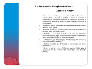 2 – Resolvendo Situações Problema - Desenvolver atividades que contemplem os blocos de conteúdos: espaço e forma, grandeza e medidas, números e operações e tratamento de informação promovam a participação do aluno na confecção de matérias a serem utilizados durante o processo de aprendizagem; - Construir e analisar gráficos e tabelas a partir de textos jornalísticos, científico, entre outros; - Promover o ensino de frações por meio de dobraduras, participação de frutas, bolos, chocolate e outros; - Trabalhar  as quatro operações por meio de estratégias diversificadas como: jogos, brincadeiras, cálculo mental e estimativa, tendo em vista a resolução de situações-problema; - Confeccionar jogo da velha para trabalhar as quatro operações, outros conceitos matemáticos; - Realizar atividades de planificação e recomposição de figuras geométricas; - Levar os alunos para a biblioteca, quadra, horta, para o desenvolvimento de conhecimentos matemáticos com atividades práticas; AÇÕES CONCRETAS 