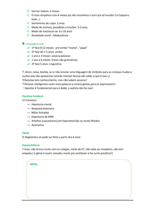  Sorriso reativo: 2 meses
     O mais simpático com 4 meses pq não reconhece e sorri pra td mundo! ( é Coqueiro
      todo...)
     Sentimento de culpa: 2 anos
     Medo de animais, pesadelos e trovões: 3-5 anos
     Medo de machucar-se: 6 a 10 anos
     Ansiedade social : Adolescência

 Linguagem oral
       1ª fase 0-12 meses: pré verbal “mamá”, “papá”
       2ª fase de 1-5 anos: verbal
       1 ano e 3 meses: associa palavras
       1 ano e 6 meses: frases não gramaticais
       3ª fase 5 anos: Linguística

 Amor, raiva, dúvida, se vc não ensinar uma linguagem de símbolos para as crianças mudas e
surdas elas vão apresentar retardo mental! Nunca vão saber o que é isso =/
Autistas tem conhecimento, mas não sabem associar!
Pessoas inteligentes usam mais palavras e menos gestos para se expressarem!
Apontar é fundamental para o bebê, o autista não faz isso!

Paralisia Cerebral
1º trimestre:
    → Hipotonia cranial
    → Resposta extensora
    → Mãos fechadas
    → Hipertonia de MMI
    → Artelhos (calcanhares) em hiperextensão ou muito fletidos
    → Assimetria

TDAH
O diagnóstico só pode ser feito a partir dos 6 anos

Esquizofrênico
7 anos, não brinca muito com os colegas, medo de ET, não sabe ser simpático, não tem
empatia ( o gênio é assim, estudou muito pro vestibular e fez surto psicótico!)


        NOTA:
 