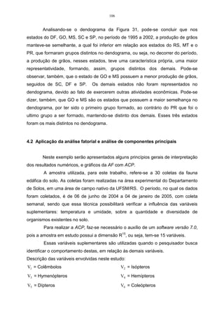 106


       Analisando-se o dendograma da Figura 31, pode-se concluir que nos
estados do DF, GO, MS, SC e SP, no período de 1995 a 2002, a produção de grãos
manteve-se semelhante, a qual foi inferior em relação aos estados do RS, MT e o
PR, que formaram grupos distintos no dendograma, ou seja, no decorrer do período,
a produção de grãos, nesses estados, teve uma característica própria, uma maior
representatividade, formando, assim, grupos distintos dos demais. Pode-se
observar, também, que o estado de GO e MS possuem a menor produção de grãos,
seguidos de SC, DF e SP.         Os demais estados não foram representados no
dendograma, devido ao fato de exercerem outras atividades econômicas. Pode-se
dizer, também, que GO e MS são os estados que possuem a maior semelhança no
dendograma, por ter sido o primeiro grupo formado, ao contrário do PR que foi o
ultimo grupo a ser formado, mantendo-se distinto dos demais. Esses três estados
foram os mais distintos no dendograma.



4.2 Aplicação da análise fatorial e análise de componentes principais


       Neste exemplo serão apresentados alguns princípios gerais de interpretação
dos resultados numéricos, e gráficos da AF com ACP.
        A amostra utilizada, para este trabalho, refere-se a 30 coletas da fauna
edáfica do solo. As coletas foram realizadas na área experimental do Departamento
de Solos, em uma área de campo nativo da UFSM/RS. O período, no qual os dados
foram coletados, é de 06 de junho de 2004 a 04 de janeiro de 2005, com coleta
semanal, sendo que essa técnica possibilitará verificar a influência das variáveis
suplementares: temperatura e umidade, sobre a quantidade e diversidade de
organismos existentes no solo.
        Para realizar a ACP, faz-se necessário o auxílio de um software versão 7.0,
pois a amostra em estudo possui a dimensão R15, ou seja, tem-se 15 variáveis.
        Essas variáveis suplementares são utilizadas quando o pesquisador busca
identificar o comportamento destas, em relação às demais variáveis.
Descrição das variáveis envolvidas neste estudo:
V1 = Colêmbolos                                V2 = Isópteros
V3 = Hymenópteros                              V4 = Hemípteros

V5 = Dípteros                                  V6 = Coleópteros
 