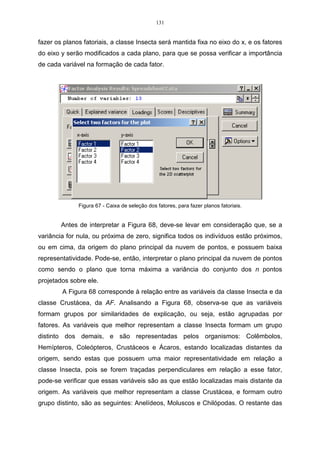 131


fazer os planos fatoriais, a classe Insecta será mantida fixa no eixo do x, e os fatores
do eixo y serão modificados a cada plano, para que se possa verificar a importância
de cada variável na formação de cada fator.




              Figura 67 - Caixa de seleção dos fatores, para fazer planos fatoriais.


        Antes de interpretar a Figura 68, deve-se levar em consideração que, se a
variância for nula, ou próxima de zero, significa todos os indivíduos estão próximos,
ou em cima, da origem do plano principal da nuvem de pontos, e possuem baixa
representatividade. Pode-se, então, interpretar o plano principal da nuvem de pontos
como sendo o plano que torna máxima a variância do conjunto dos n pontos
projetados sobre ele.
        A Figura 68 corresponde à relação entre as variáveis da classe Insecta e da
classe Crustácea, da AF. Analisando a Figura 68, observa-se que as variáveis
formam grupos por similaridades de explicação, ou seja, estão agrupadas por
fatores. As variáveis que melhor representam a classe Insecta formam um grupo
distinto dos demais, e são representadas pelos organismos: Colêmbolos,
Hemípteros, Coleópteros, Crustáceos e Ácaros, estando localizadas distantes da
origem, sendo estas que possuem uma maior representatividade em relação a
classe Insecta, pois se forem traçadas perpendiculares em relação a esse fator,
pode-se verificar que essas variáveis são as que estão localizadas mais distante da
origem. As variáveis que melhor representam a classe Crustácea, e formam outro
grupo distinto, são as seguintes: Anelídeos, Moluscos e Chilópodas. O restante das
 