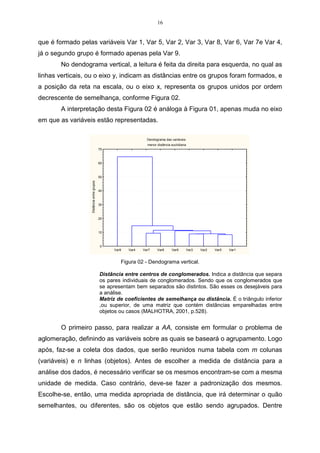 16


que é formado pelas variáveis Var 1, Var 5, Var 2, Var 3, Var 8, Var 6, Var 7e Var 4,
já o segundo grupo é formado apenas pela Var 9.
        No dendograma vertical, a leitura é feita da direita para esquerda, no qual as
linhas verticais, ou o eixo y, indicam as distâncias entre os grupos foram formados, e
a posição da reta na escala, ou o eixo x, representa os grupos unidos por ordem
decrescente de semelhança, conforme Figura 02.
        A interpretação desta Figura 02 é análoga à Figura 01, apenas muda no eixo
em que as variáveis estão representadas.

                                                                 Dendograma das variáveis
                                                                 menor distância euclidiana
                                            70



                                            60



                                            50
                   Distância entre grupos




                                            40



                                            30



                                            20



                                            10



                                            0
                                                 Var9   Var4   Var7    Var6      Var8       Var3   Var2   Var5   Var1


                                                    Figura 02 - Dendograma vertical.

                                            Distância entre centros de conglomerados. Indica a distância que separa
                                            os pares individuais de conglomerados. Sendo que os conglomerados que
                                            se apresentam bem separados são distintos. São esses os desejáveis para
                                            a análise.
                                            Matriz de coeficientes de semelhança ou distância. É o triângulo inferior
                                            ,ou superior, de uma matriz que contém distâncias emparelhadas entre
                                            objetos ou casos (MALHOTRA, 2001, p.528).


        O primeiro passo, para realizar a AA, consiste em formular o problema de
aglomeração, definindo as variáveis sobre as quais se baseará o agrupamento. Logo
após, faz-se a coleta dos dados, que serão reunidos numa tabela com m colunas
(variáveis) e n linhas (objetos). Antes de escolher a medida de distância para a
análise dos dados, é necessário verificar se os mesmos encontram-se com a mesma
unidade de medida. Caso contrário, deve-se fazer a padronização dos mesmos.
Escolhe-se, então, uma medida apropriada de distância, que irá determinar o quão
semelhantes, ou diferentes, são os objetos que estão sendo agrupados. Dentre
 