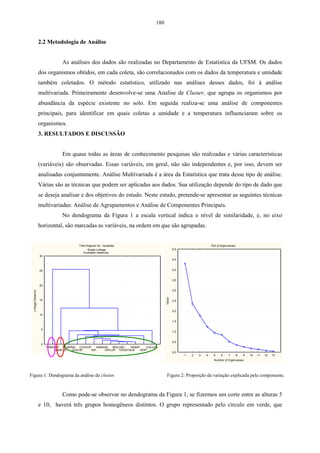 180


                     2.2 Metodologia de Análise


                                  As análises dos dados são realizadas no Departamento de Estatística da UFSM. Os dados
                     dos organismos obtidos, em cada coleta, são correlacionados com os dados da temperatura e umidade
                     também coletados. O método estatístico, utilizado nas análises desses dados, foi à análise
                     multivariada. Primeiramente desenvolve-se uma Analise de Cluster, que agrupa os organismos por
                     abundância da espécie existente no solo. Em seguida realiza-se uma análise de componentes
                     principais, para identificar em quais coletas a umidade e a temperatura influenciaram sobre os
                     organismos.
                     3. RESULTADOS E DISCUSSÃO


                                  Em quase todas as áreas de conhecimento pesquisas são realizadas e várias características
                     (variáveis) são observadas. Essas variáveis, em geral, não são independentes e, por isso, devem ser
                     analisadas conjuntamente. Análise Multivariada é a área da Estatística que trata desse tipo de análise.
                     Várias são as técnicas que podem ser aplicadas aos dados. Sua utilização depende do tipo de dado que
                     se deseja analisar e dos objetivos do estudo. Neste estudo, pretende-se apresentar as seguintes técnicas
                     multivariadas: Análise de Agrupamentos e Análise de Componentes Principais.
                                  No dendograma da Figura 1 a escala vertical indica o nível de similaridade, e, no eixo
                     horizontal, são marcadas as variáveis, na ordem em que são agrupadas.


                                           Tree Diagram for Variables                                                  Plot of Eigenvalues
                                                 Single Linkage                                  5,0
                                              Euclidean distances
                     30
                                                                                                 4,5


                     25                                                                          4,0


                                                                                                 3,5
                     20
                                                                                                 3,0
  Linkage Distance




                                                                                         Value




                     15                                                                          2,5


                                                                                                 2,0
                     10

                                                                                                 1,5

                      5
                                                                                                 1,0


                                                                                                 0,5
                      0
                          IYMENOP ACARINA COLEOP.  ARANAE   MOLUSC.  HEMIP.   COLLEN.
                               ANNELID. QUILOP. DIP.   DIPLOP. CRUSTACE   ISOP.
                                                                                                 0,0
                                                                                                       1   2   3   4     5    6     7        8   9   10   11   12   13
                                                                                                                         Number of Eigenvalues




Figura 1: Dendograma da análise de cluster.                                              Figura 2: Proporção da variação explicada pela componente.



                                  Como pode-se observar no dendograma da Figura 1, se fizermos um corte entre as alturas 5
                     e 10, haverá três grupos homogêneos distintos. O grupo representado pelo círculo em verde, que
 