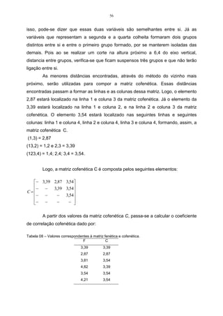 56


isso, pode-se dizer que essas duas variáveis são semelhantes entre si. Já as
variáveis que representam a segunda e a quarta colheita formaram dois grupos
distintos entre si e entre o primeiro grupo formado, por se manterem isoladas das
demais. Pois ao se realizar um corte na altura próximo a 6,4 do eixo vertical,
distancia entre grupos, verifica-se que ficam suspensos três grupos e que não terão
ligação entre si.
         As menores distâncias encontradas, através do método do vizinho mais
próximo, serão utilizadas para compor a matriz cofenética. Essas distâncias
encontradas passam a formar as linhas e as colunas dessa matriz. Logo, o elemento
2,87 estará localizado na linha 1 e coluna 3 da matriz cofenética. Já o elemento da
3,39 estará localizado na linha 1 e coluna 2, e na linha 2 e coluna 3 da matriz
cofenética. O elemento 3,54 estará localizado nas seguintes linhas e seguintes
colunas: linha 1 e coluna 4, linha 2 e coluna 4, linha 3 e coluna 4, formando, assim, a
matriz cofenética C.
(1,3) = 2,87
(13,2) = 1,2 e 2,3 = 3,39
(123,4) = 1,4; 2,4; 3,4 = 3,54.


         Logo, a matriz cofenética C é composta pelos seguintes elementos:

  − 3,39 2,87 3,54
  − −    3,39 3,54
C=                
  − −      −  3,54
                  
  − −      −    − 


         A partir dos valores da matriz cofenética C, passa-se a calcular o coeficiente
de correlação cofenética dado por:

Tabela 08 – Valores correspondentes à matriz fenética e cofenética.
                                F             C
                                3,39         3,39
                                2,87         2,87
                                3,81         3,54
                                4,82         3,39
                                3,54         3,54
                                4,21         3,54
 