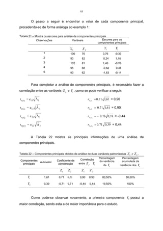 93


           O passo a seguir é encontrar o valor de cada componente principal,
procedendo-se de forma análoga ao exemplo 1:

Tabela 21 – Mostra os escores para análise de componentes principais.
             Observações                  Variáveis              Escores para os
                                                             componentes principais

                                       X1        X2                 Y1        Y2
                     1                  100      76                0,76     -0,39
                     2                  93       82                0,24       1,10
                     3                  102      81                1,46     -0,26
                     4                  95       68                -0,62      0,34
                     5                  90       62               -1,83       -0,11



           Para completar a análise de componentes principais, é necessário fazer a
correlação entre as variáveis Z j e Yi , como se pode verificar a seguir:

            ˆ
rz1y1 = e11 Λ1                                         rz1 y1 = 0.71 1,61 = 0,90

              ˆ
rz 2 y1 = e12 Λ1                                       rz 2 y1 = 0.71 1,61 = 0,90

              ˆ
rz1y 2 = e 21 Λ 2                                      rz1 y 2 = − 0.71 0,39 = -0,44

               ˆ
rz 2 y2 = e 22 Λ 2                                     rz 2 y 2 = 0.71 0,39 = 0,44


           A Tabela 22 mostra as principais informações de uma análise de
componentes principais.


Tabela 22 – Componentes principais obtidos da análise de duas variáveis padronizadas    Z1 e Z 2 .
                                                               Percentagem          Percentagem
Componentes                  Coeficiente de    Correlação
             Autovalor                                         da variância         acumulada da
  principais                  ponderação      entre Z j Yi
                                                                  de Yi            variância dos Yi
                               Z1     Z2        Z1      Z2

      Y1             1,61      0,71   0,71     0,90    0,90       80,50%               80,50%

      Y2             0,39     -0,71   0,71     -0,44    0,44      19,50%                100%




           Como pode-se observar novamente, a primeira componente Y1 possui a
maior correlação, sendo esta a de maior importância para o estudo.
 