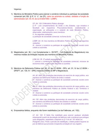 24
Vejamos:
1) Membros do Ministério Público para exercer o comércio individual ou participar de sociedade
comercial (art.128, § 5º, II, “c”, da CF), salvo se acionista ou cotista, obstada a função de
administrador (art. 44, III, da Lei 8.625/1993 - LOMP);
CF, Art. 128. O Ministério Público abrange:
§ 5º - Leis complementares da União e dos Estados, cuja iniciativa é
facultada aos respectivos Procuradores-Gerais, estabelecerão a
organização, as atribuições e o estatuto de cada Ministério Público,
observadas, relativamente a seus membros:
II - As seguintes vedações:
c) participar de sociedade comercial, na forma da lei;
LOMP, Art. 44. Aos membros do Ministério Público se aplicam as seguintes
vedações:
III - exercer o comércio ou participar de sociedade comercial, exceto como
cotista ou acionista;
2) Magistrados (art. 36, I, Lei Complementar n. 35/1977 – Lei Orgânica da Magistratura) nos
mesmos moldes da limitação imposta aos membros do Ministério Público;
LOM, Art. 36 - É vedado ao magistrado:
I - exercer o comércio ou participar de sociedade comercial, inclusive de
economia mista, exceto como acionista ou quotista;
3) Membros da Defensoria Pública (art. 46, IV, da LC 80/94 - DPU; art. 91, IV da LC 80/94 –
DPDFT; art. 130, IV – DPE) mesmos moldes do MP e Magistratura.
Art. 46. Além das proibições decorrentes do exercício de cargo público, aos
membros da Defensoria Pública da União é vedado:
IV - Exercer o comércio ou participar de sociedade comercial, exceto como
cotista ou acionista;
Art. 91. Além das proibições decorrentes do exercício de cargo público, aos
membros da Defensoria Pública do Distrito Federal e dos Territórios é
vedado:
IV - Exercer o comércio ou participar de sociedade comercial, exceto como
cotista ou acionista;
Art. 130. Além das proibições decorrentes do exercício de cargo público,
aos membros da Defensoria Pública dos Estados é vedado:
IV - Exercer o comércio ou participar de sociedade comercial, exceto como
cotista ou acionista;
4) Empresários falidos, enquanto não forem reabilitados (Lei de Falências, art. 102);
LF, Art. 102. O falido fica inabilitado para exercer qualquer atividade
empresarial a partir da decretação da falência e até a sentença que extingue
suas obrigações, respeitado o disposto no § 1o do art. 181 desta Lei.
Parágrafo único. Findo o período de inabilitação, o falido poderá requerer ao
juiz da falência que proceda à respectiva anotação em seu registro.
 