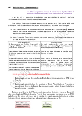 28
8.1.1. Previsão legal e órgão encarregado
Art. 967. É obrigatória a inscrição do empresário no Registro Público de
Empresas Mercantis da respectiva sede, antes do início de sua atividade.
O art. 967 do CC prevê que o empresário deve se inscrever no Registro Público de
Empresas Mercantis, antes mesmo do início da atividade.
Esse Registro Público de Empresas, estruturado de acordo com a Lei 8.934/94 (LRE – Lei
de Registros Público de Empresas Mercantis e Atividades Afins), é dividido em dois órgãos:
1) DREI (Departamento de Registro Empresarial e Integração) – órgão central do SINREM:
Sistema Nacional de Registro de Empresas Mercantis): É um órgão federal, de caráter
normatizador e fiscalizador.
2) Junta Comercial: É um órgão estadual, de caráter executor. É na junta comercial que se
procede ao registro do empresário.
A junta comercial tem subordinação hierárquica híbrida:
1) Subordinação técnica: Em questões de Direito Comercial se subordina ao DREI (órgão
federal).
2) Subordinação administrativa: Em questões de Direito Administrativo e Financeiro se
subordina ao Governo do Estado. Ou seja, quem paga o salário de quem trabalha na
Junta Comercial é o estado.
Conforme entendimento do STF, contra ato denegatório de registro na Junta Comercial,
cabe a impetração de MS junto à Justiça Federal, dada a vinculação técnica da Junta ao DREI,
órgão federal. Em outras palavras, o ato de registro diz respeito ao aspecto técnico, e sendo a
Junta subordinada tecnicamente a órgão federal, a impetração deve ser na JF.
DREI ( âmbito federal,
normativa e fiscalizadora
– subordinação técnica)
Estado
(subordinação
administativa)
 