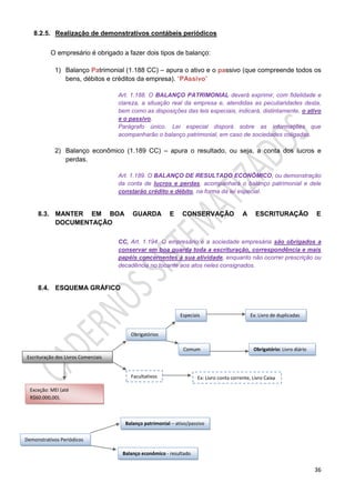36
8.2.5. Realização de demonstrativos contábeis periódicos
O empresário é obrigado a fazer dois tipos de balanço:
1) Balanço Patrimonial (1.188 CC) – apura o ativo e o passivo (que compreende todos os
bens, débitos e créditos da empresa). “PAssivo”
Art. 1.188. O BALANÇO PATRIMONIAL deverá exprimir, com fidelidade e
clareza, a situação real da empresa e, atendidas as peculiaridades desta,
bem como as disposições das leis especiais, indicará, distintamente, o ativo
e o passivo.
Parágrafo único. Lei especial disporá sobre as informações que
acompanharão o balanço patrimonial, em caso de sociedades coligadas.
2) Balanço econômico (1.189 CC) – apura o resultado, ou seja, a conta dos lucros e
perdas.
Art. 1.189. O BALANÇO DE RESULTADO ECONÔMICO, ou demonstração
da conta de lucros e perdas, acompanhará o balanço patrimonial e dele
constarão crédito e débito, na forma da lei especial.
8.3. MANTER EM BOA GUARDA E CONSERVAÇÃO A ESCRITURAÇÃO E
DOCUMENTAÇÃO
CC, Art. 1.194. O empresário e a sociedade empresária são obrigados a
conservar em boa guarda toda a escrituração, correspondência e mais
papéis concernentes à sua atividade, enquanto não ocorrer prescrição ou
decadência no tocante aos atos neles consignados.
8.4. ESQUEMA GRÁFICO
vEscrituração dos Livros Comerciais
Obrigatórios
Facultativos
Especiais
Comum
Exceção: MEI (até
R$60.000,00).
Demonstrativos Periódicos
Balanço patrimonial – ativo/passivo
Balanço econômico - resultado
Ex: Livro de duplicadas
Obrigatório: Livro diário
Ex: Livro conta corrente, Livro Caixa
 