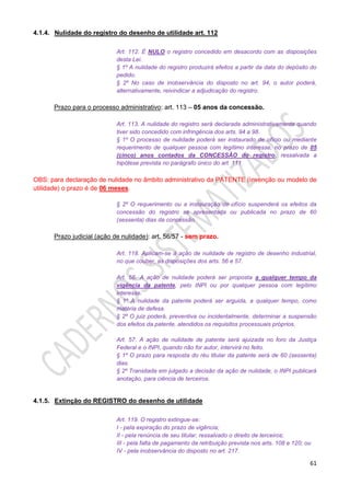 61
4.1.4. Nulidade do registro do desenho de utilidade art. 112
Art. 112. É NULO o registro concedido em desacordo com as disposições
desta Lei.
§ 1º A nulidade do registro produzirá efeitos a partir da data do depósito do
pedido.
§ 2º No caso de inobservância do disposto no art. 94, o autor poderá,
alternativamente, reivindicar a adjudicação do registro.
Prazo para o processo administrativo: art. 113 – 05 anos da concessão.
Art. 113. A nulidade do registro será declarada administrativamente quando
tiver sido concedido com infringência dos arts. 94 a 98.
§ 1º O processo de nulidade poderá ser instaurado de ofício ou mediante
requerimento de qualquer pessoa com legítimo interesse, no prazo de 05
(cinco) anos contados da CONCESSÃO do registro, ressalvada a
hipótese prevista no parágrafo único do art. 111.
OBS: para declaração de nulidade no âmbito administrativo da PATENTE (invenção ou modelo de
utilidade) o prazo é de 06 meses.
§ 2º O requerimento ou a instauração de ofício suspenderá os efeitos da
concessão do registro se apresentada ou publicada no prazo de 60
(sessenta) dias da concessão.
Prazo judicial (ação de nulidade): art. 56/57 - sem prazo.
Art. 118. Aplicam-se à ação de nulidade de registro de desenho industrial,
no que couber, as disposições dos arts. 56 e 57.
Art. 56. A ação de nulidade poderá ser proposta a qualquer tempo da
vigência da patente, pelo INPI ou por qualquer pessoa com legítimo
interesse.
§ 1º A nulidade da patente poderá ser arguida, a qualquer tempo, como
matéria de defesa.
§ 2º O juiz poderá, preventiva ou incidentalmente, determinar a suspensão
dos efeitos da patente, atendidos os requisitos processuais próprios.
Art. 57. A ação de nulidade de patente será ajuizada no foro da Justiça
Federal e o INPI, quando não for autor, intervirá no feito.
§ 1º O prazo para resposta do réu titular da patente será de 60 (sessenta)
dias.
§ 2º Transitada em julgado a decisão da ação de nulidade, o INPI publicará
anotação, para ciência de terceiros.
4.1.5. Extinção do REGISTRO do desenho de utilidade
Art. 119. O registro extingue-se:
I - pela expiração do prazo de vigência;
II - pela renúncia de seu titular, ressalvado o direito de terceiros;
III - pela falta de pagamento da retribuição prevista nos arts. 108 e 120; ou
IV - pela inobservância do disposto no art. 217.
 