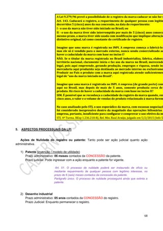68
5. ASPECTOS PROCESSUAIS DA LPI
Ações de Nulidade do registro ou patente: Tanto pode ser ação judicial quanto ação
administrativa.
1) Patente (invenção / modelo de utilidade)
Prazo administrativo: 06 meses contados da CONCESSÃO da patente.
Prazo judicial: Pode ingressar com a ação enquanto a patente for vigente.
Art. 51. O processo de nulidade poderá ser instaurado de ofício ou
mediante requerimento de qualquer pessoa com legítimo interesse, no
prazo de 6 (seis) meses contados da concessão da patente.
Parágrafo único. O processo de nulidade prosseguirá ainda que extinta a
patente.
2) Desenho industrial
Prazo administrativo: 05 anos contados da CONCESSÃO do registro.
Prazo Judicial: Enquanto permanecer o registro.
 